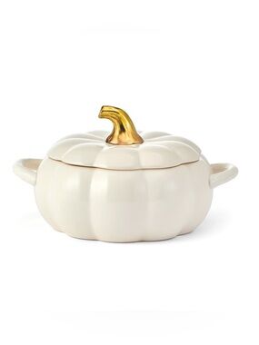 Pfaltzgraff White Pumpkin Fall Thanksgiving Covered Serving Dish with Gold Stem